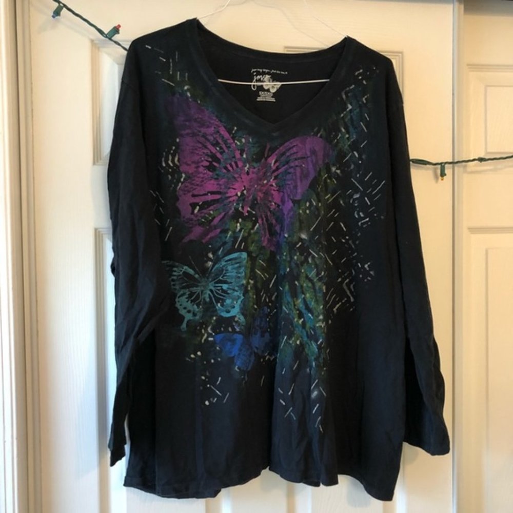 Just My Size Long Sleeve Navy Blue Butterfly Top